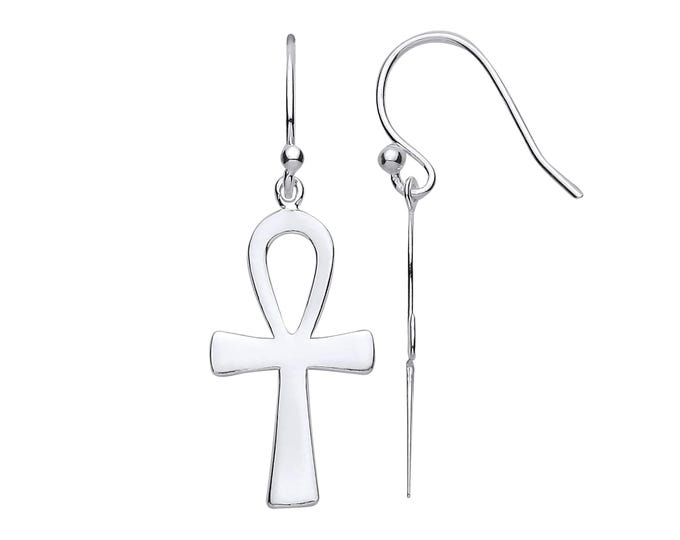 Contemporary 925 Sterling Silver 33x12mm Ankh Cross Hook Drop Earrings