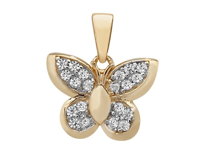 9ct Yellow Gold 1.4cm Pave Set Cz Butterfly Charm Pendant - Real 9K Gold