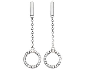 925 Sterling Silver 4cm Polished Bar & Cz Circle of Life Drop Earrings