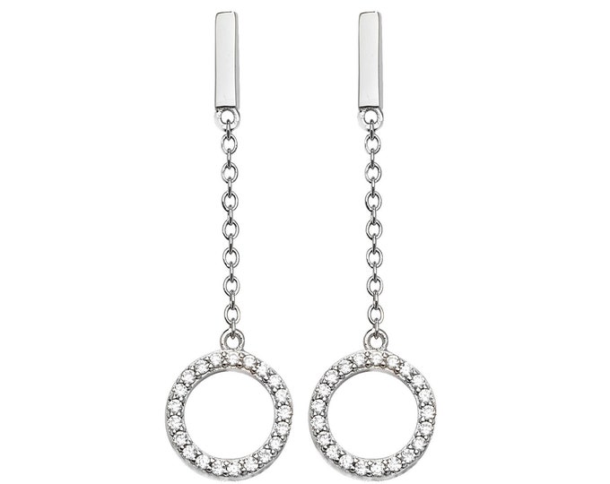 925 Sterling Silver 4cm Polished Bar & Cz Circle of Life Drop Earrings