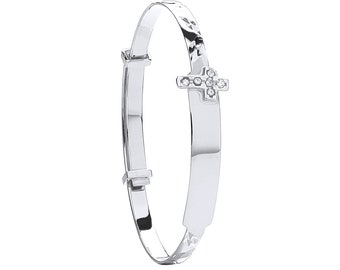 9ct White Gold Babies Expandable 3mm Cz Cross ID Bangle Hallmarked - Solid 9K Gold