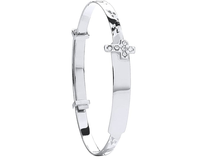9ct White Gold Babies Expandable 3mm Cz Cross ID Bangle Hallmarked - Solid 9K Gold