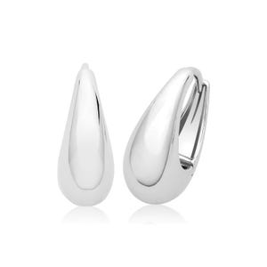 May include: A pair of silver teardrop-shaped hoop earrings. The earrings are smooth and have a polished finish.