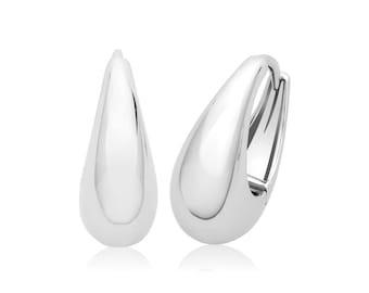 925 Sterling Silver 15x6mm Hollow Dome Hoop Earrings Rhodium Plated