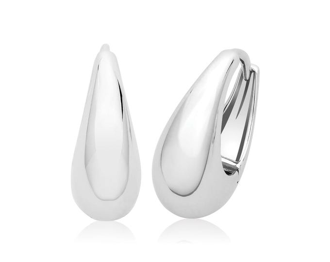 925 Sterling Silver 15x6mm Hollow Dome Hoop Earrings Rhodium Plated