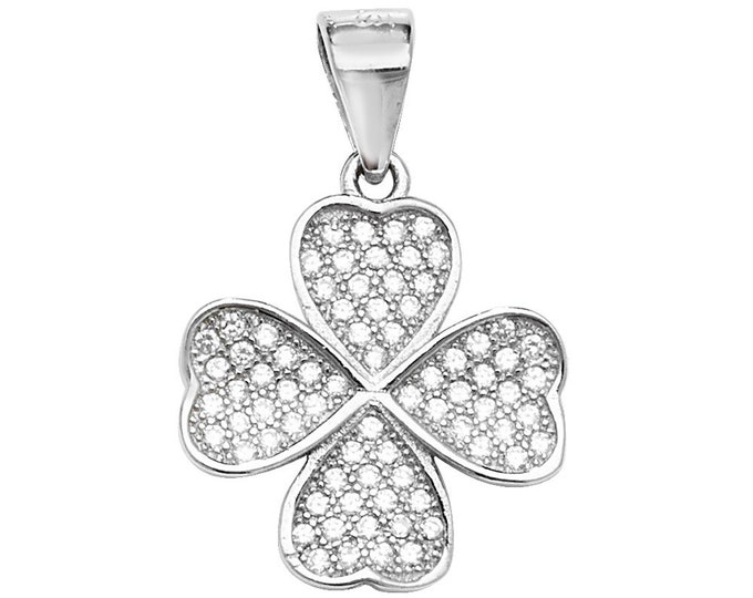 925 Sterling Silver 15mm Pave Cz Shamrock Clover Leaf Pendant