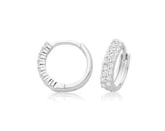 Sterling Silver 13mm 2 Row Pave CZ Hinged Clicker Hoop Earrings