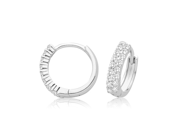 Sterling Silver 13mm 2 Row Pave CZ Hinged Clicker Hoop Earrings