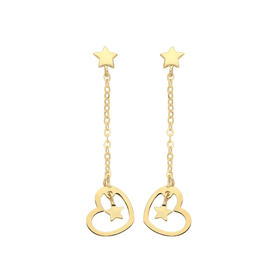 9ct Yellow Gold Heart Stars Chain Link 2cm Drop Earrings Etsy