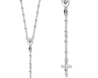 925 Sterling Silver 24" Rosary Bead Crucifix Chain Cross Necklace