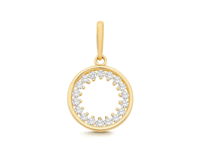 9ct Yellow Gold 9mm Circle Charm Pendant Set With Cz Stones - Real 9K Gold