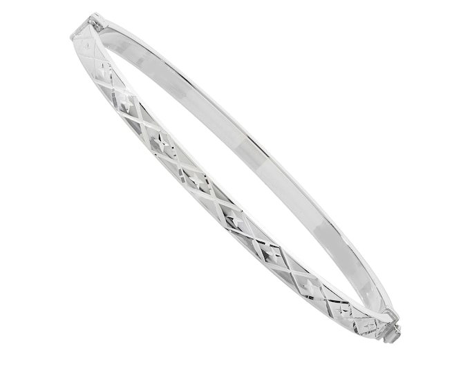 Ladies 925 Sterling Silver 3mm Flat Diamond Cut Pattern Oval Hollow Hinged Bangle