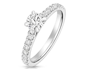 Claw Set 0.50ct Round Cut Diamond Solitaire Pave Shoulder Engagement Ring 925 Sterling Silver
