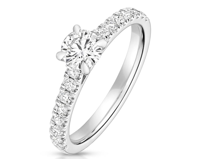 Claw Set 0.50ct Round Cut Diamond Solitaire Pave Shoulder Engagement Ring 925 Sterling Silver