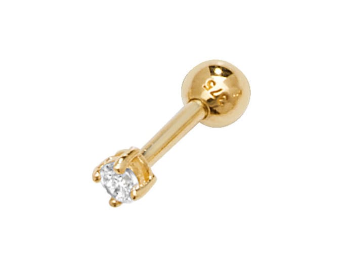 9ct Yellow Gold 2mm Solitaire Cz  Cartilage 6mm Bar Single Stud Screw Back Earring - Real 9K Gold