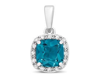 9ct White Gold 0.08ct Diamond 6mm Cushion Cut London Blue Topaz Pendant - Real 9K Gold