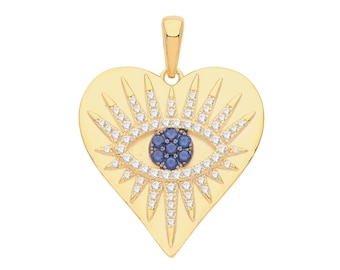 Gold Plated 925 Sterling Silver 20mm Cz Evil Eye Heart Tag Talisman Charm Pendant