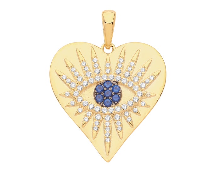 Gold Plated 925 Sterling Silver 20mm Cz Evil Eye Heart Tag Talisman Charm Pendant