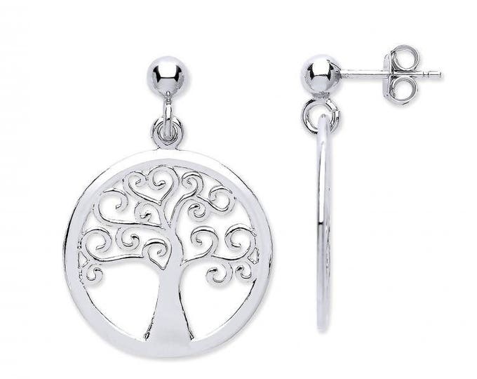 925 Sterling Silver Cut Out Design Tree of Life Round Disc Drop Earrings