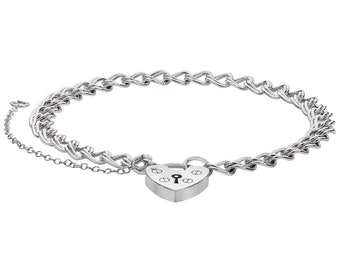 Ladies 925 Sterling Silver 7" Heart Padlock Charm Bracelet With Safety Chain