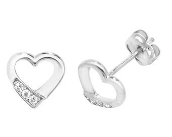 9ct Gold Small 7x5mm Heart Stud Earrings Set With Cubic Zirconia Stones - Real 9K Gold