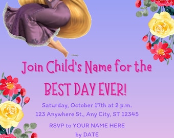 May include: A purple and yellow birthday invitation with a cartoon image of Rapunzel from the Disney movie Tangled. The invitation includes the text "Join Child's Name for the BEST DAY EVER!" and details for the party, including the date, time, and location.