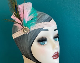 1920s Great Gatsby flapper headband Peacock feather and jewelry