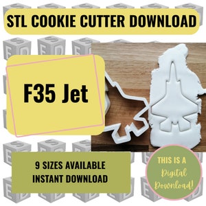 May include: A white 3D printed F35 Jet cookie cutter on a wooden surface. The text "STL COOKIE CUTTER DOWNLOAD" is at the top of the image. The text "F35 Jet" is in a yellow box with a pink border. The text "9 SIZES AVAILABLE INSTANT DOWNLOAD" is below the cookie cutter. The text "THIS IS A Digital Download!" is in a pink circle.