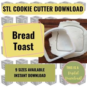 Puede incluir: Descarga de cortador de galletas STL - Tostada de pan. Un cortador de galletas de plástico blanco en forma de rebanada de pan con un bocado sacado. El cortador de galletas está sobre una superficie de madera. El texto "STL Cookie Cutter Download" está en la parte superior de la imagen. El texto "Bread Toast" está en un cuadro amarillo con un borde rosa. El texto "9 Sizes Available Instant Download" está en un cuadro verde con un borde blanco. El texto "This is a Digital Download!" está en un círculo con un borde rosa.