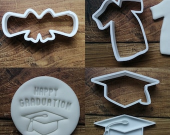 Graduation Cookie Cutter & Embossing Stamp Biscuit Pastry Fondant Dough Prom Mortarboard Scroll Gown Happy Graduation