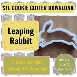 以下が含まれることがあります： 飛び跳ねるウサギの形をしたクッキーカッターの3Dプリント可能なSTLファイルのデジタルダウンロードです。画像は、白いプラスチック製のクッキーカッターを示しています。「9サイズが含まれています」と「インスタントSTLダウンロード」というテキストも画像に表示されています。