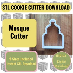Può includere: Tagliapasta in plastica azzurra a forma di moschea. L'immagine include il testo "STL Cookie Cutter Download", "Mosque Cutter" e "9 taglie incluse Download STL istantaneo". Si tratta di un download digitale.