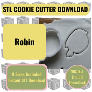 May include: STL Cookie Cutter Download - Robin.  A digital download of a 3D printable cookie cutter in the shape of a robin.  Nine sizes are included.  This is a digital download.