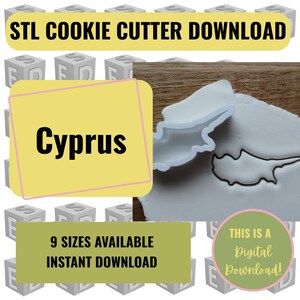 Puede incluir: Cortador de galletas de plástico blanco con la forma de la isla de Chipre. La imagen incluye el texto "STL COOKIE CUTTER DOWNLOAD", "Cyprus", "9 TAMAÑOS DISPONIBLES DESCARGA INSTANTÁNEA" y "THIS IS A Digital Download!"