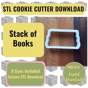 以下が含まれることがあります： 本が積み重なった形の水色のプラスチック製クッキーカッター。画像には「STL Cookie Cutter Download」、「Stack of Books」、「9 Sizes Included Instant STL Download」、「This is a Digital Download!」というテキストが含まれています。