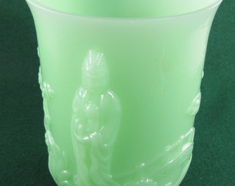 Fenton Jadeite Green Empress Vase - Raised Asian Figure - 7.75 inches tall // Sea Mist Green // C 1980's // Unusual Color Run // Rare
