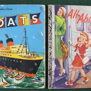 All Aboard! & Boats // 1950&#39;s-70&#39;s 2 Little Golden Books // Transportation, Trains and Boats, easy read, picture books, pilots, conductors