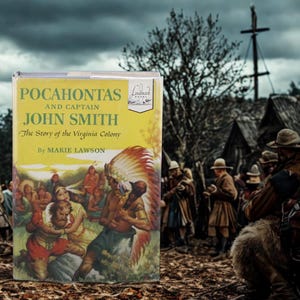May include: A vintage book titled "Pocahontas and Captain John Smith" with a yellow cover and illustrations of Native Americans and colonists. The book is part of the Landmark series. The background shows a historical scene with people in period clothing.