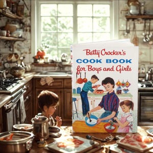 May include: A vintage cookbook titled "Betty Crocker's Cook Book for Boys and Girls" is displayed in a kitchen setting. The cover features illustrations of children cooking. The kitchen has wooden cabinets, a stove, and a window.