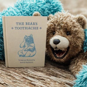 May include: A children's book titled "The Bear's Toothache" with a blue illustration of a bear. A brown teddy bear with an open mouth is next to the book. The book is on a wooden surface.