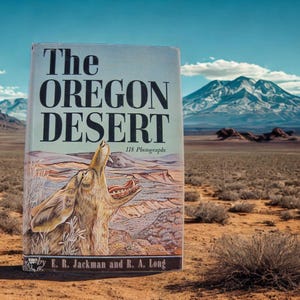 May include: A book titled "The Oregon Desert" with a coyote illustration on the cover. The book is set against a backdrop of a desert landscape with mountains and a blue sky. The book cover also includes the text "118 Photographs".