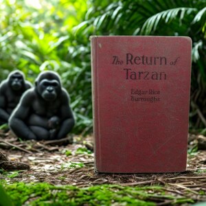May include: A red book titled "The Return of Tarzan" by Edgar Rice Burroughs stands upright in a forest setting. Two gorillas are visible in the background, with lush green foliage surrounding the scene. The book's cover is a deep red.