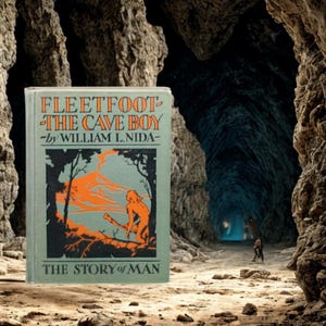 May include: A vintage book titled "Fleetfoot The Cave Boy" by William L. Nida. The cover features an orange illustration of a cave dweller and a mountain scene. The book is set against a backdrop of a cave.