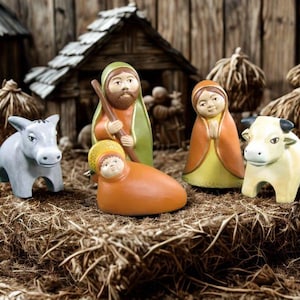 Peruvian 5-piece terra cotta Nativity set // Southwest Motif, Holy Family Figurines, hand painted, folk art decor pottery, like new