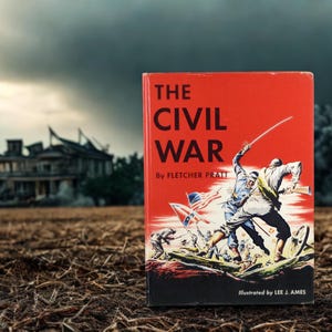 May include: A vintage book titled "The Civil War" by Fletcher Pratt. The cover is red with black text and an illustration of soldiers in battle. The book is set against a backdrop of a field and a cloudy sky.