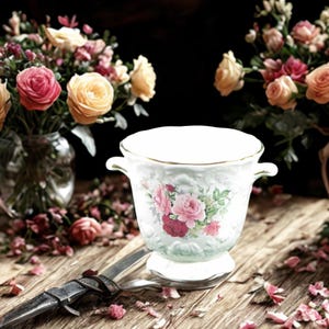 May include: A white ceramic planter with a floral rose design, featuring pink and red roses with green leaves. The planter has two small handles and a gold trim. It sits on a wooden surface with a knife and flower petals.