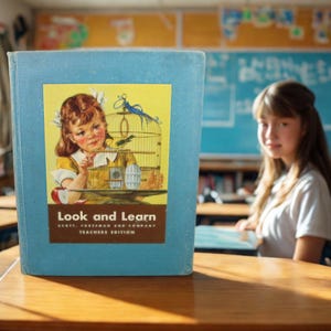 May include: A vintage "Look and Learn" textbook with a light blue cover. The cover features a colorful illustration of a girl with a birdcage. The text "Look and Learn" is printed on the cover. The book is on a wooden desk.