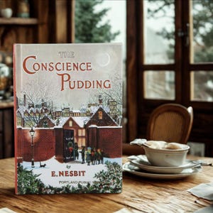 May include: A hardcover book titled "The Conscience Pudding" by E. Nesbit. The cover features a winter scene with a brick wall, houses, and children. The book is on a wooden table with a cup and saucer.