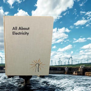 May include: A book titled "All About Electricity" with a beige cover, featuring a fist graphic. The book is positioned in front of a river with a dam and wind turbines in the background, under a blue sky with clouds.