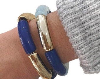 Bracelet élastique, bracelet tube, bleu électrique, bijou bleu or, superposable, bijou empilable, cadeau femme, bijou mère, Misdi by Diane